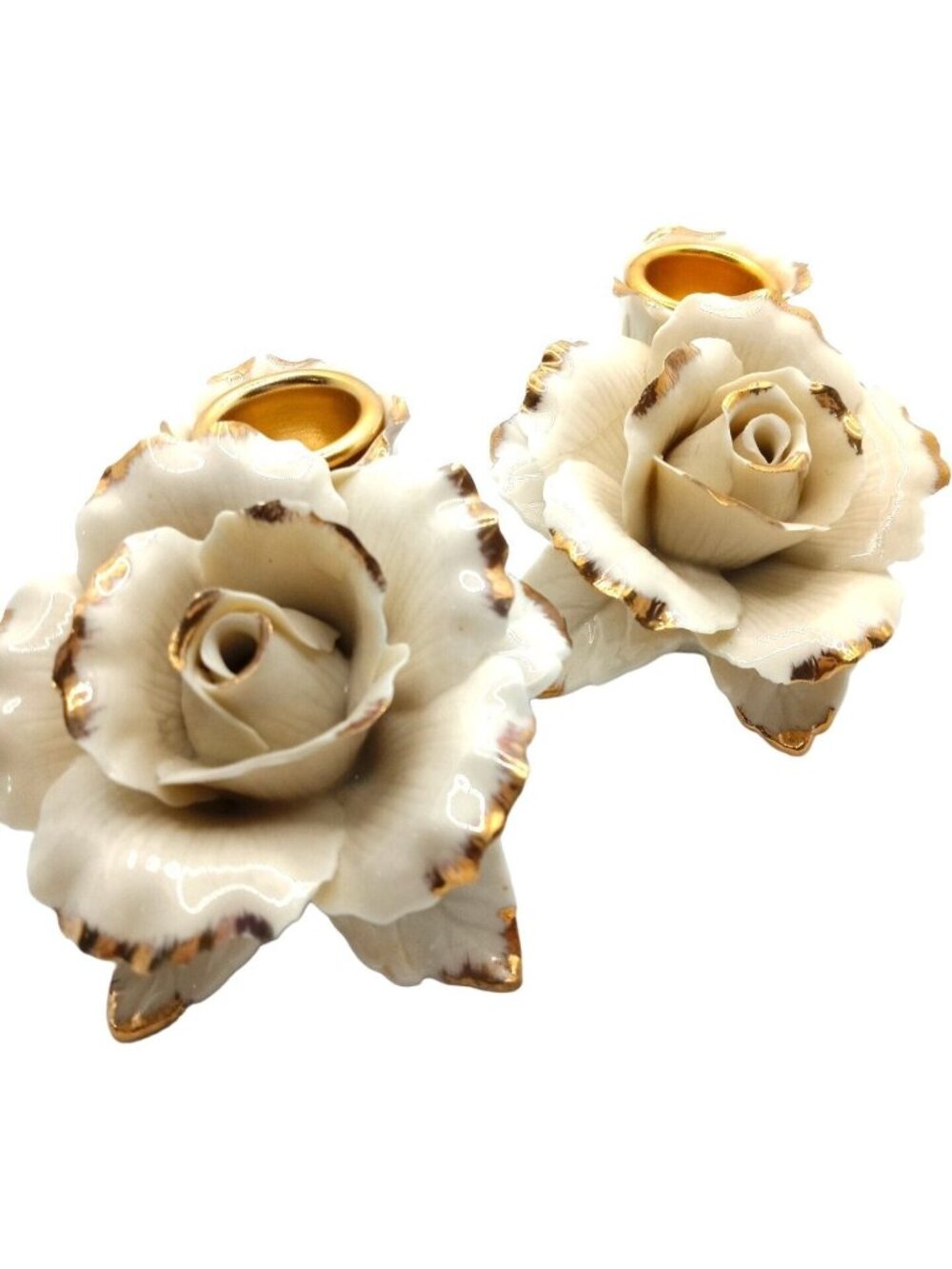 Winter Rose Porcelain Candle Holders Romantic Cottage Whimsy Fairy Vintage - Picture 1 of 8
